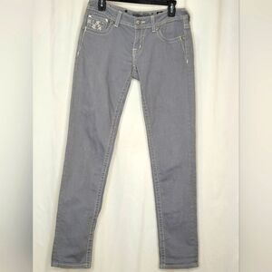 Miss Me Slate Gray Low Rise Skinny Jeans Rhinestone Crosstitch Detail - Size 28